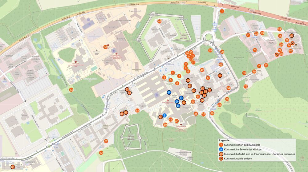 Lageplan der Kunstwerke in der Wissenschaftsstadt Ulm.