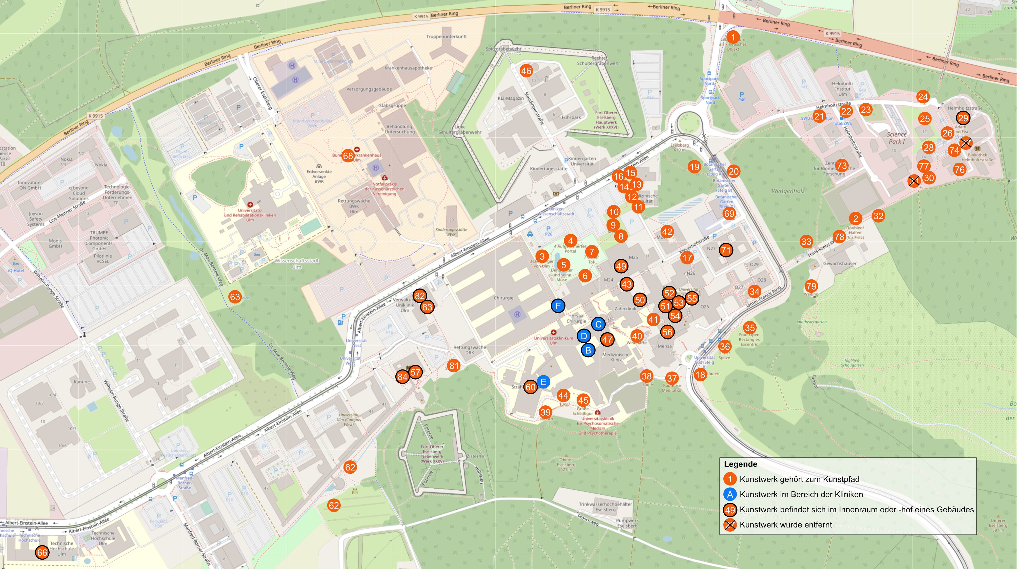 Lageplan der Kunstwerke in der Wissenschaftsstadt Ulm.